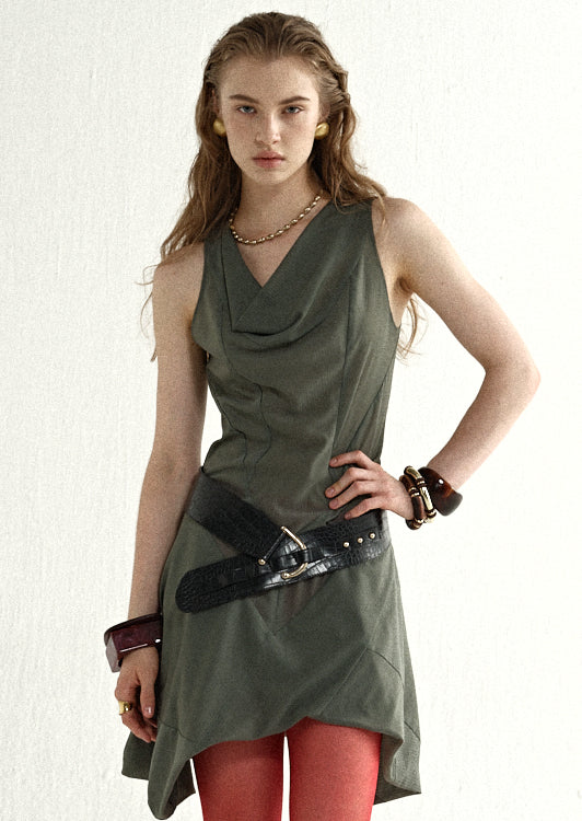 Olive Cowl Asymmetric Mini Dress