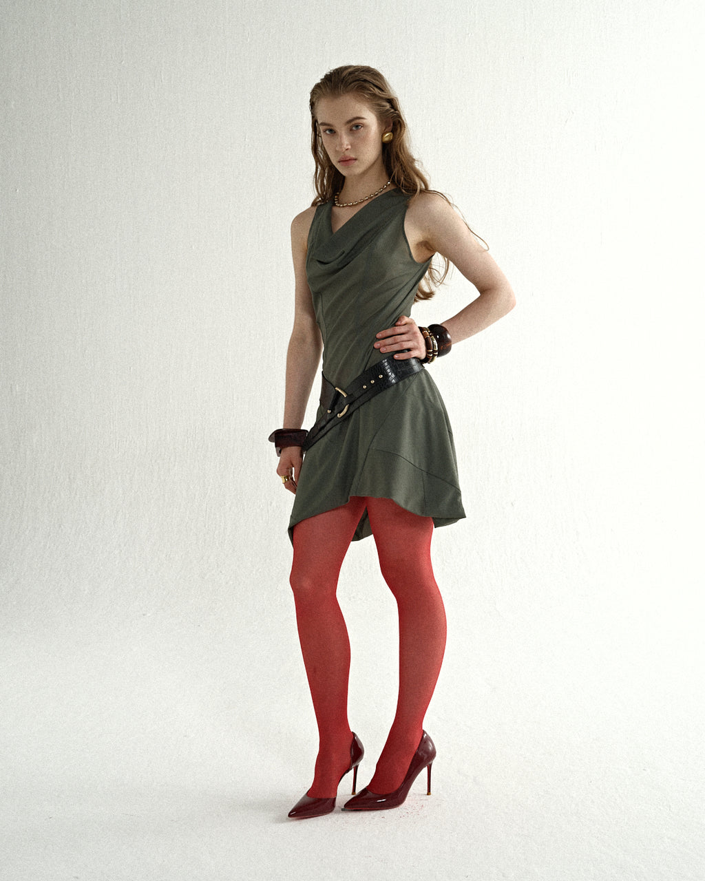 Olive Cowl Asymmetric Mini Dress