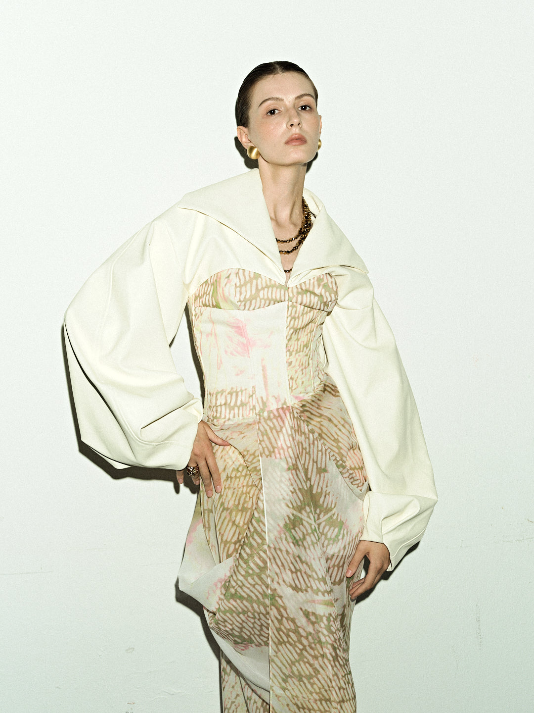 Ivory Lantern Sleeve Top & Sheer Gold Skirt Set