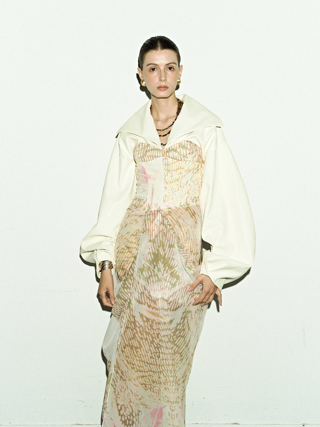 Ivory Lantern Sleeve Top & Sheer Gold Skirt Set