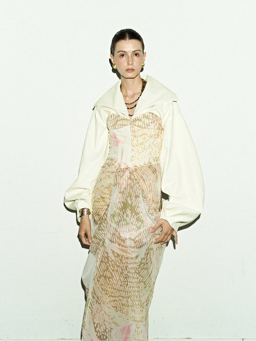 Ivory Lantern Sleeve Top & Sheer Gold Skirt Set