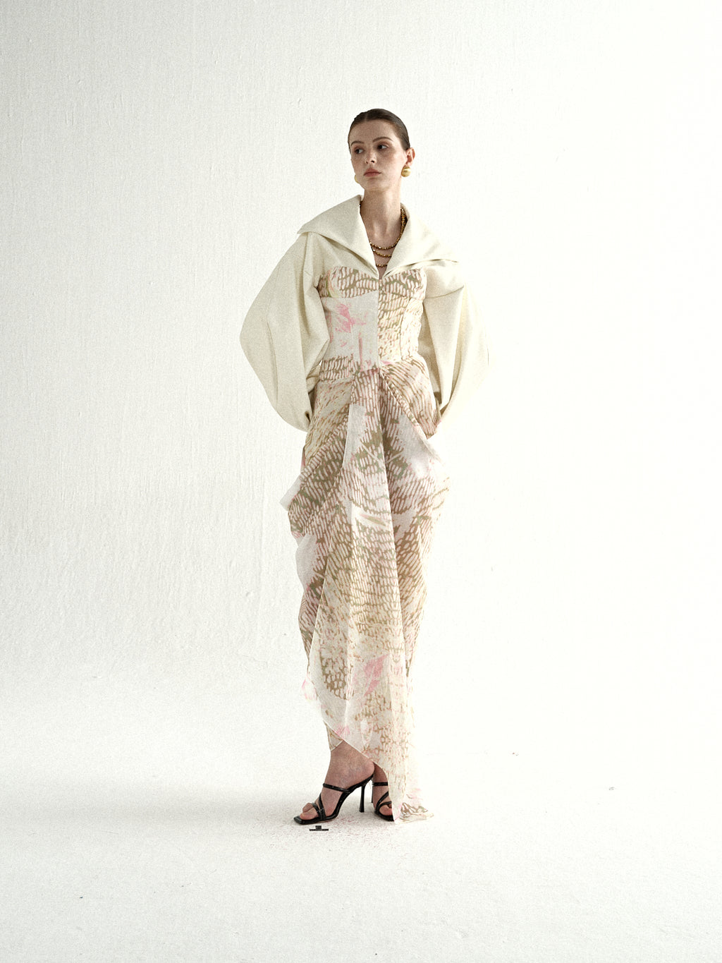 Ivory Lantern Sleeve Top & Sheer Gold Skirt Set