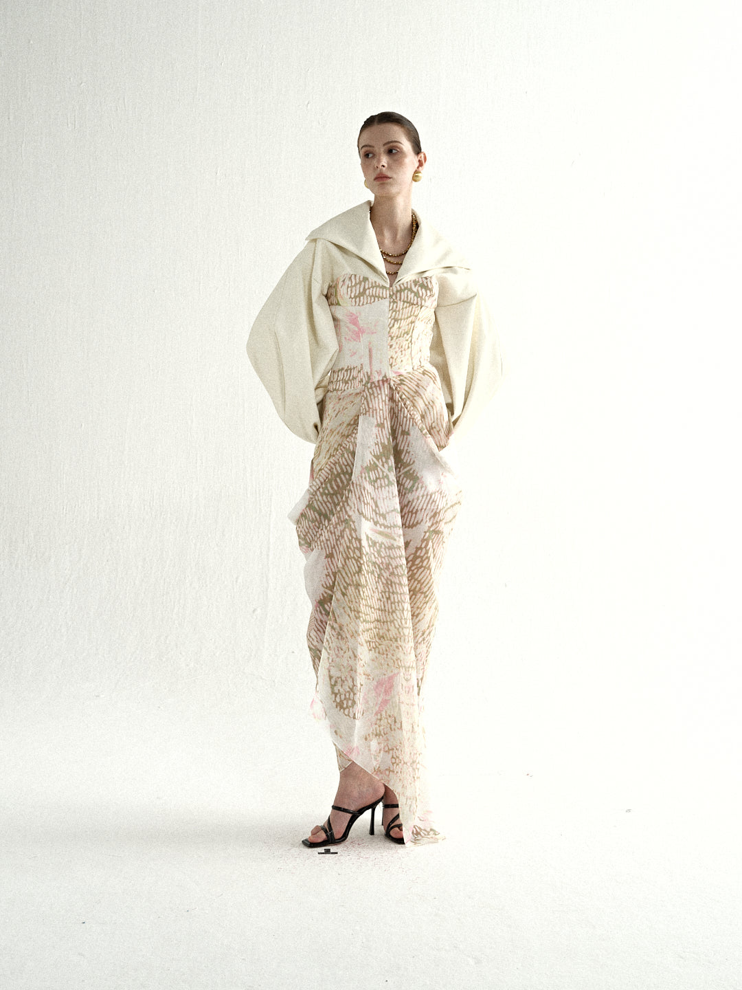 Ivory Lantern Sleeve Top & Sheer Gold Skirt Set