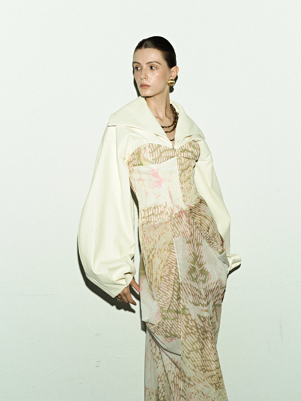 Ivory Lantern Sleeve Top & Sheer Gold Skirt Set