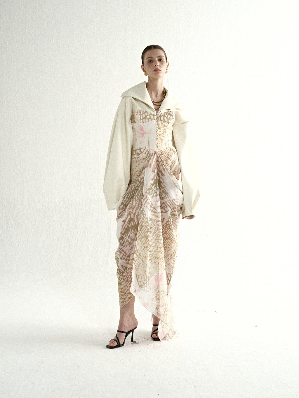 Ivory Lantern Sleeve Top & Sheer Gold Skirt Set
