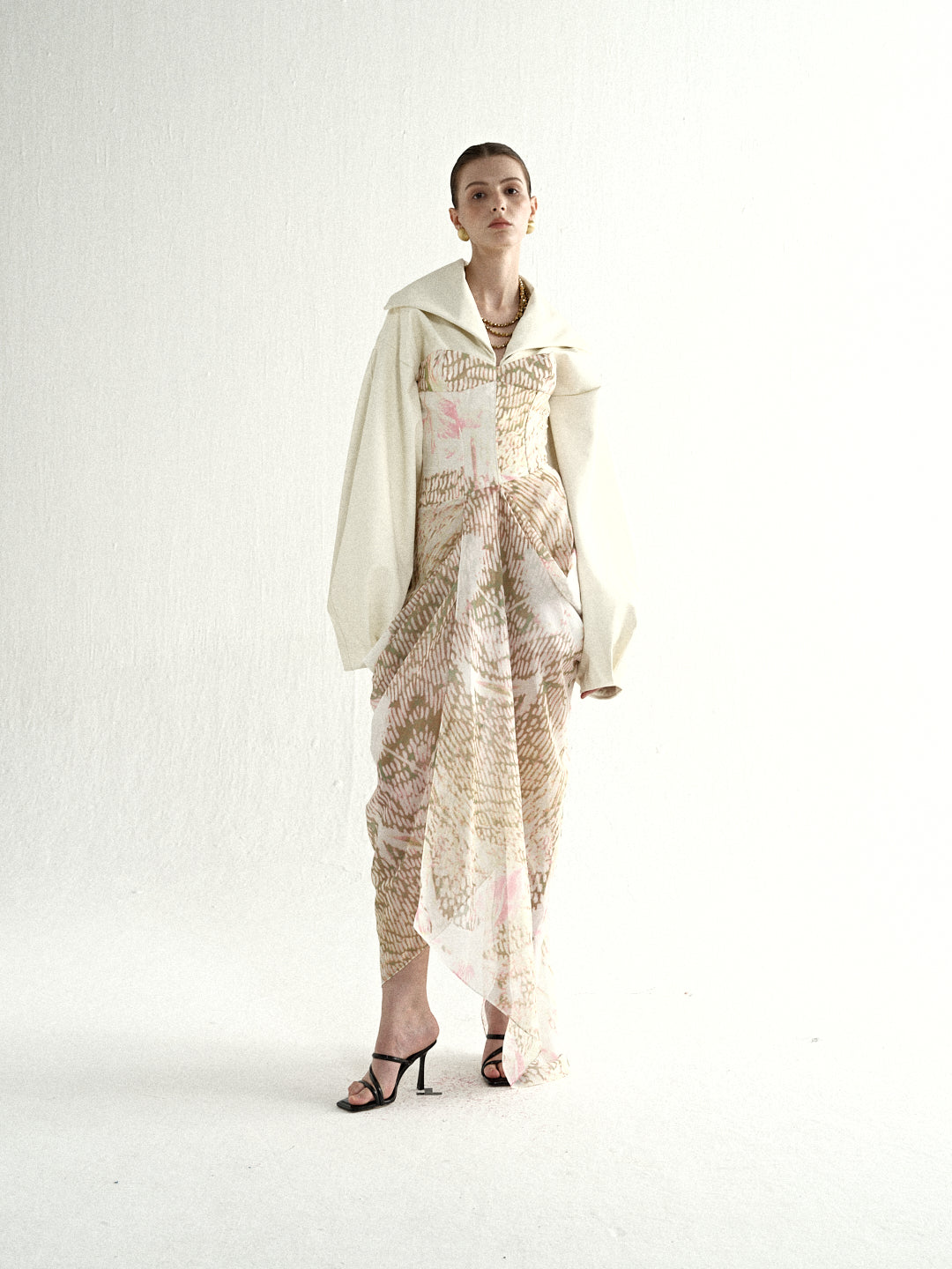 Ivory Lantern Sleeve Top & Sheer Gold Skirt Set