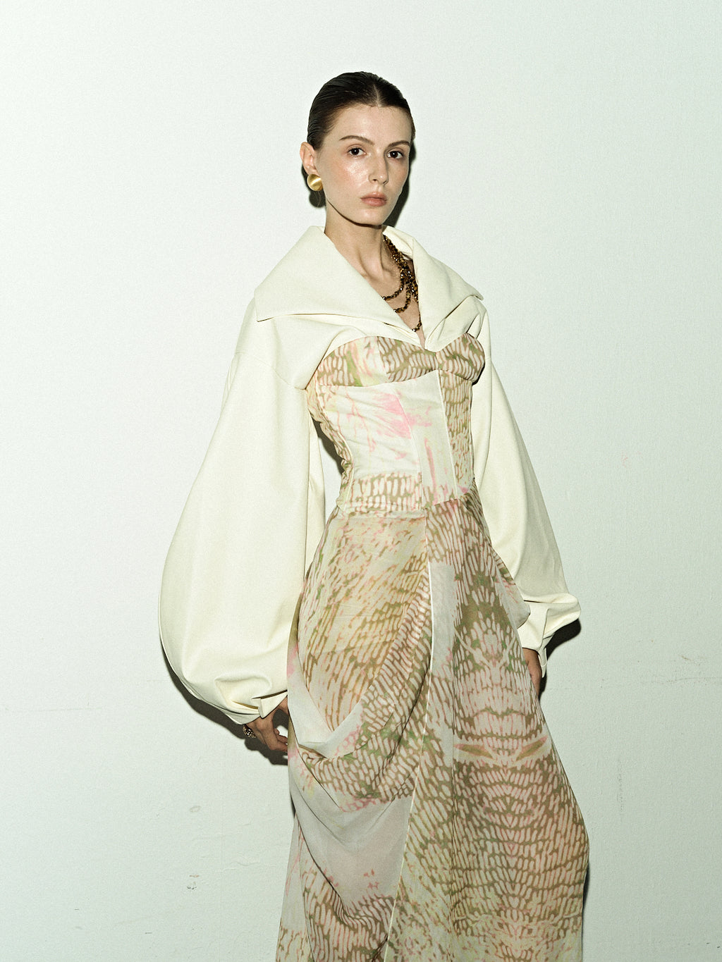 Ivory Lantern Sleeve Top & Sheer Gold Skirt Set
