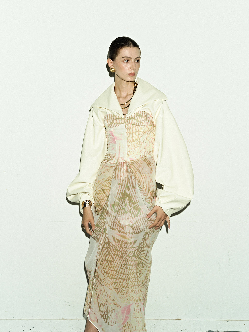 Ivory Lantern Sleeve Top & Sheer Gold Skirt Set