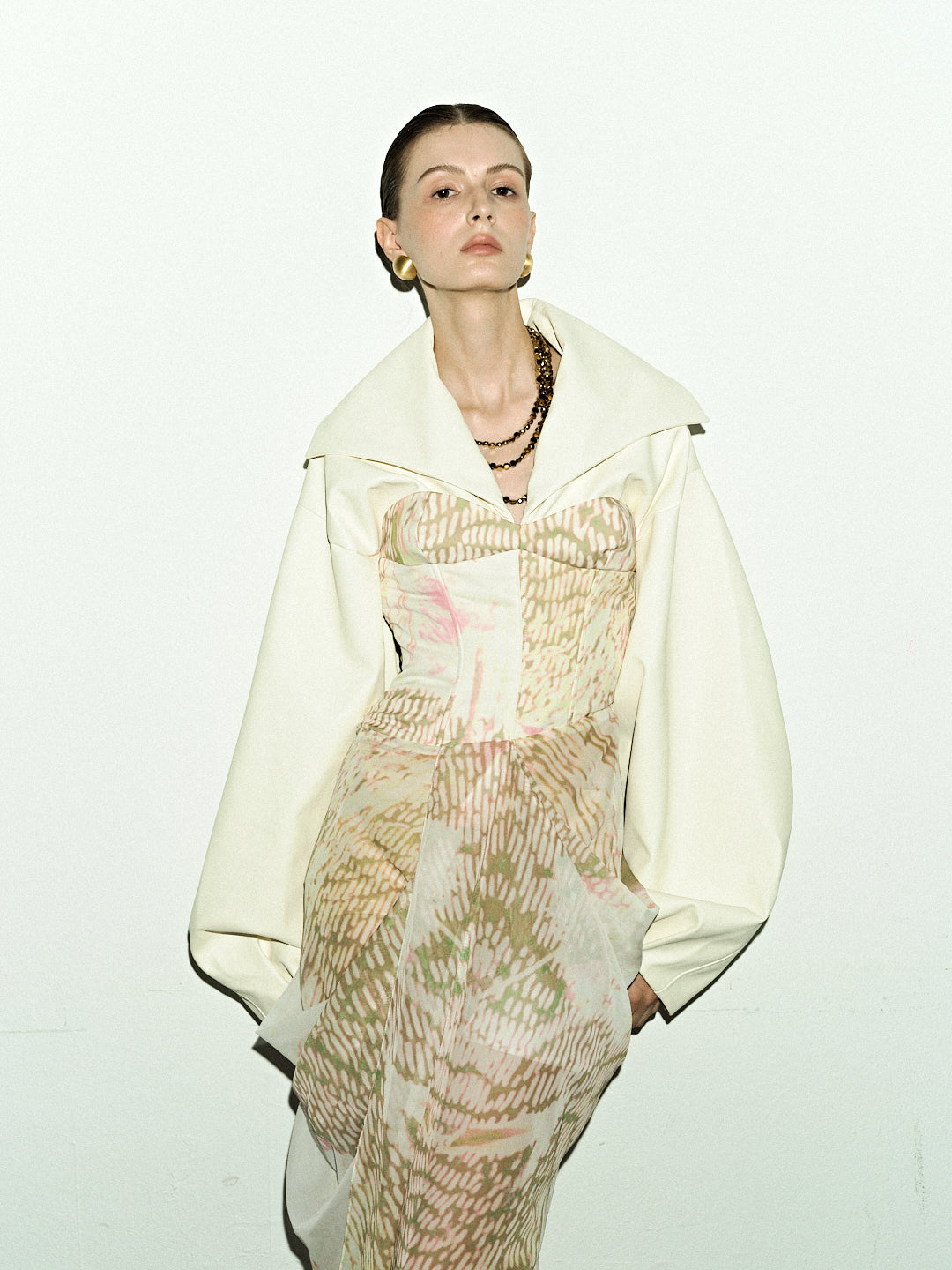 Ivory Lantern Sleeve Top & Sheer Gold Skirt Set